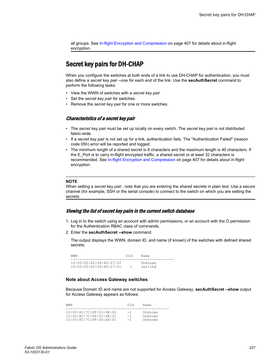 Secret key pairs for dh-chap, Characteristics of a secret key pair, Note about access gateway switches | Brocade Fabric OS Administrators Guide (Supporting Fabric OS v7.3.0) User Manual | Page 227 / 622