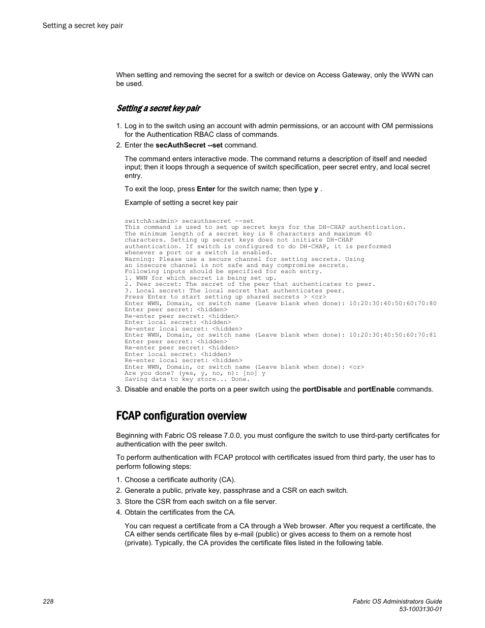 Setting a secret key pair, Fcap configuration overview | Brocade Fabric OS Administrators Guide (Supporting Fabric OS v7.3.0) User Manual | Page 228 / 622