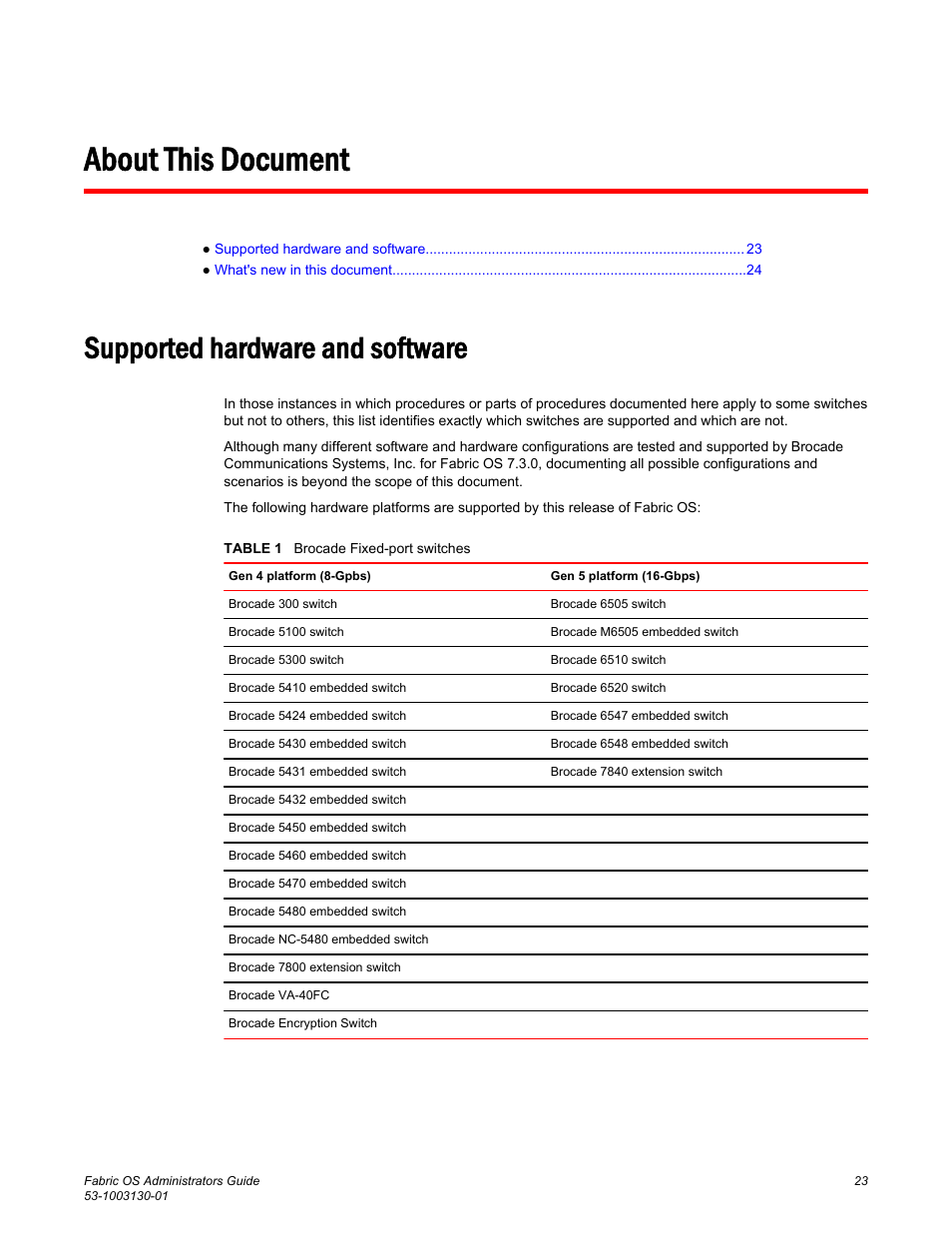 About this document, Supported hardware and software | Brocade Fabric OS Administrators Guide (Supporting Fabric OS v7.3.0) User Manual | Page 23 / 622