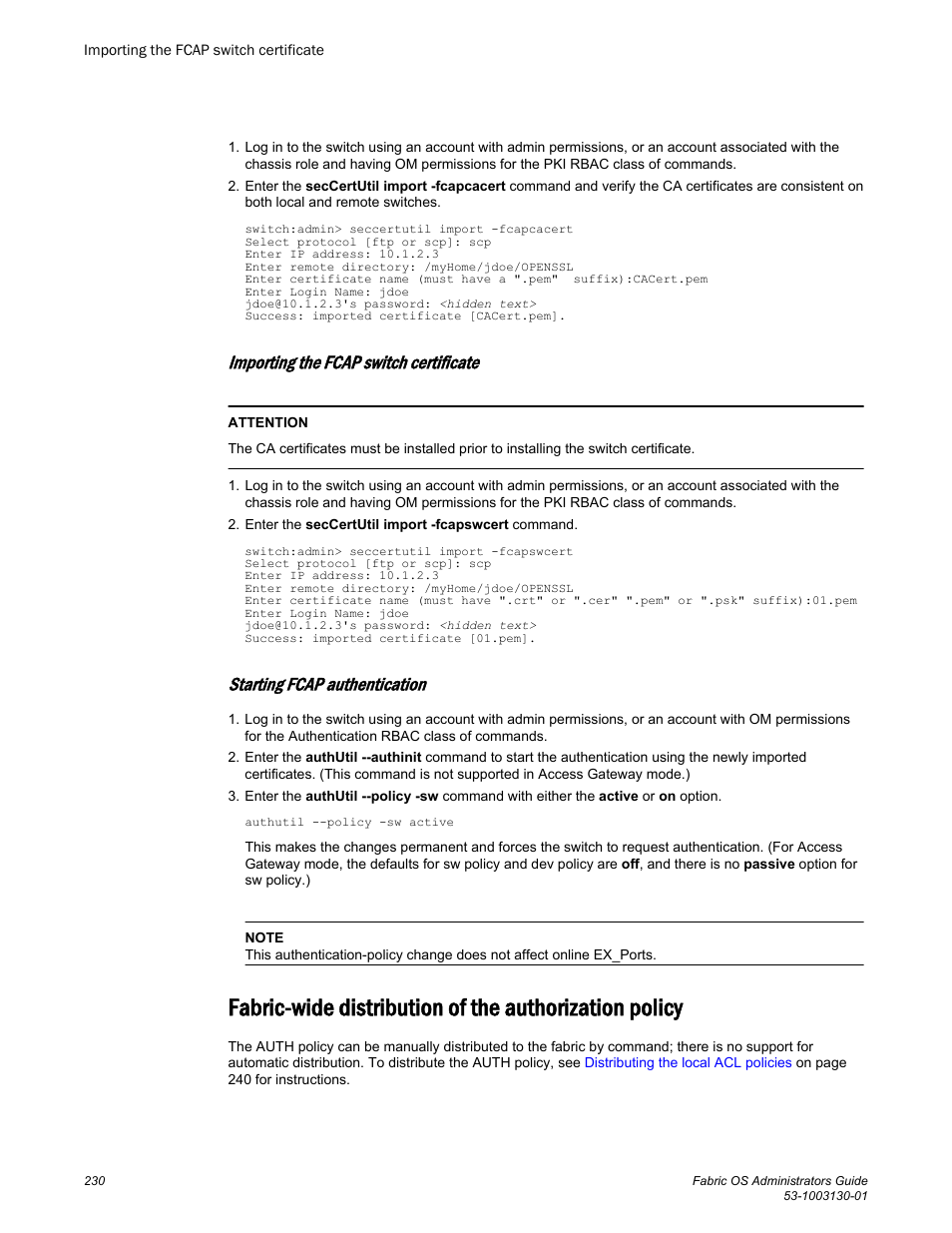 Importing the fcap switch certificate, Starting fcap authentication | Brocade Fabric OS Administrators Guide (Supporting Fabric OS v7.3.0) User Manual | Page 230 / 622