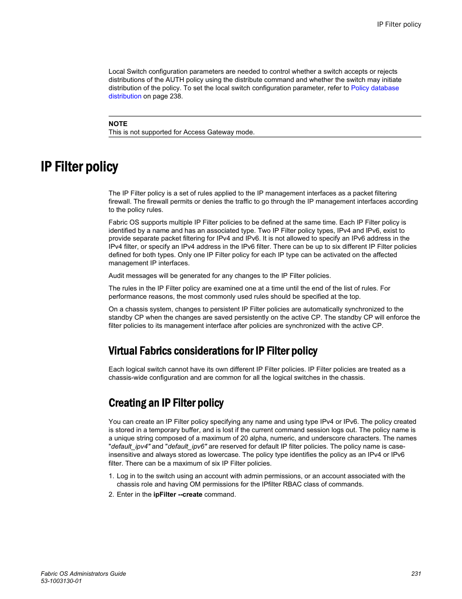 Ip filter policy, Creating an ip filter policy | Brocade Fabric OS Administrators Guide (Supporting Fabric OS v7.3.0) User Manual | Page 231 / 622