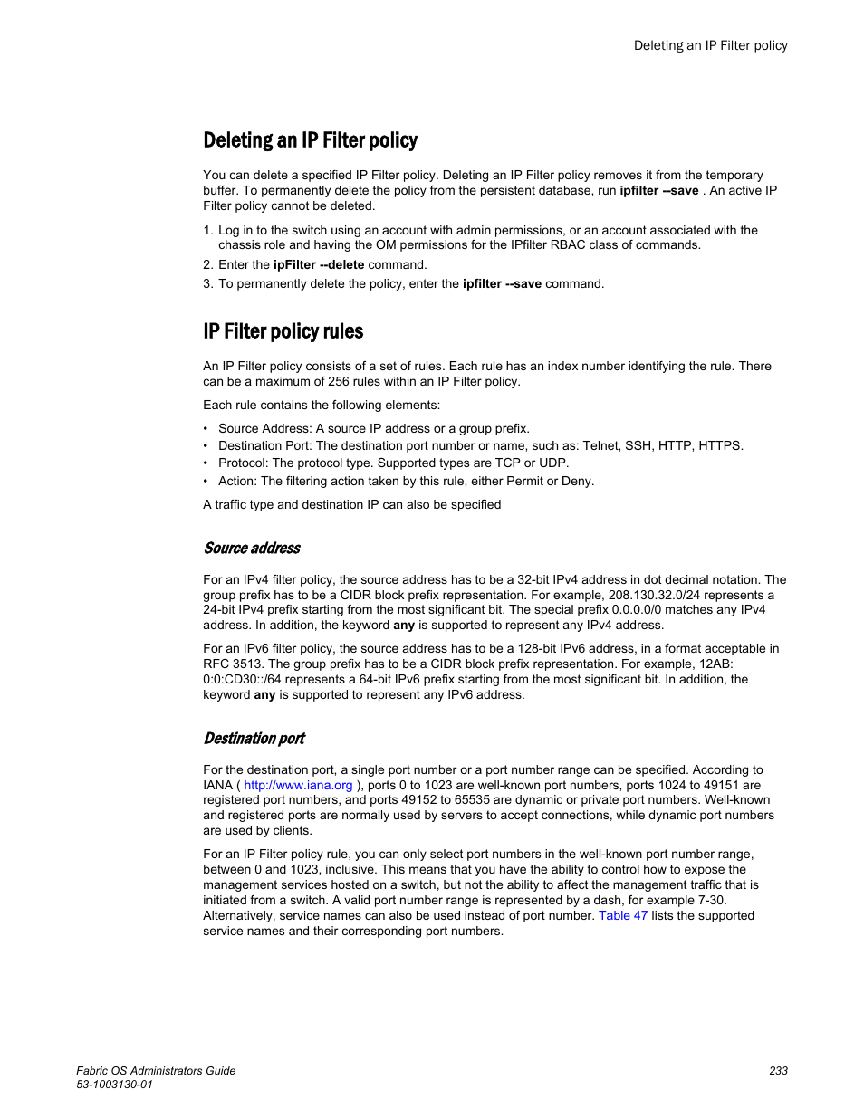 Deleting an ip filter policy, Ip filter policy rules, Source address | Destination port | Brocade Fabric OS Administrators Guide (Supporting Fabric OS v7.3.0) User Manual | Page 233 / 622