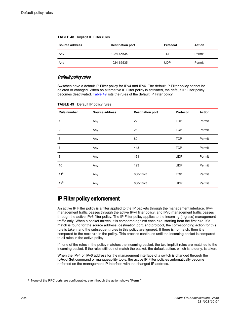 Default policy rules, Ip filter policy enforcement | Brocade Fabric OS Administrators Guide (Supporting Fabric OS v7.3.0) User Manual | Page 236 / 622