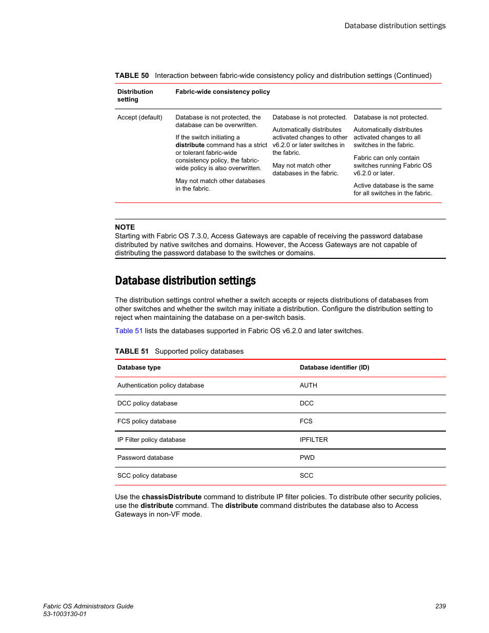 Database distribution settings, The fcs policy, refer to | Brocade Fabric OS Administrators Guide (Supporting Fabric OS v7.3.0) User Manual | Page 239 / 622