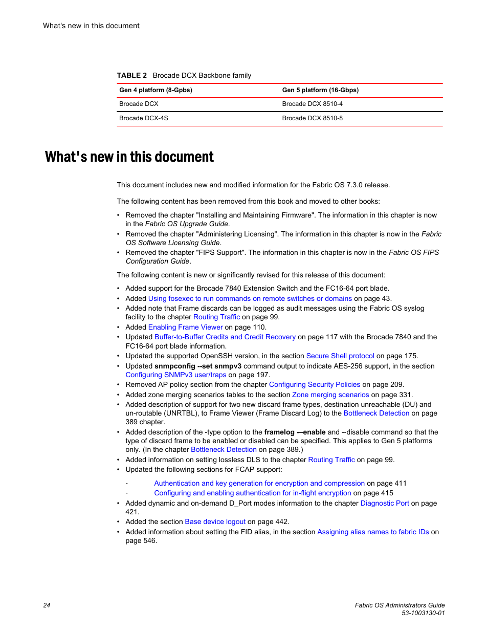 What's new in this document | Brocade Fabric OS Administrators Guide (Supporting Fabric OS v7.3.0) User Manual | Page 24 / 622