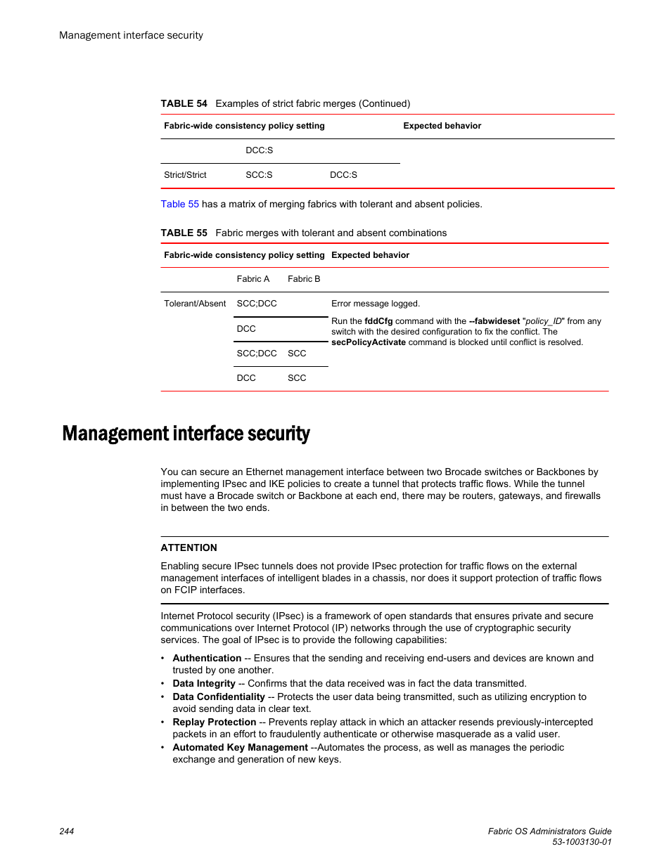 Management interface security, Table 55 | Brocade Fabric OS Administrators Guide (Supporting Fabric OS v7.3.0) User Manual | Page 244 / 622