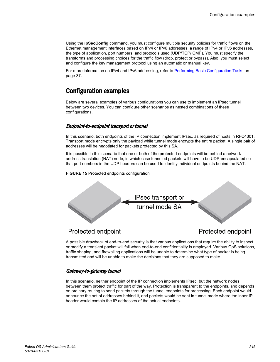Configuration examples, Endpoint-to-endpoint transport or tunnel, Gateway-to-gateway tunnel | Brocade Fabric OS Administrators Guide (Supporting Fabric OS v7.3.0) User Manual | Page 245 / 622