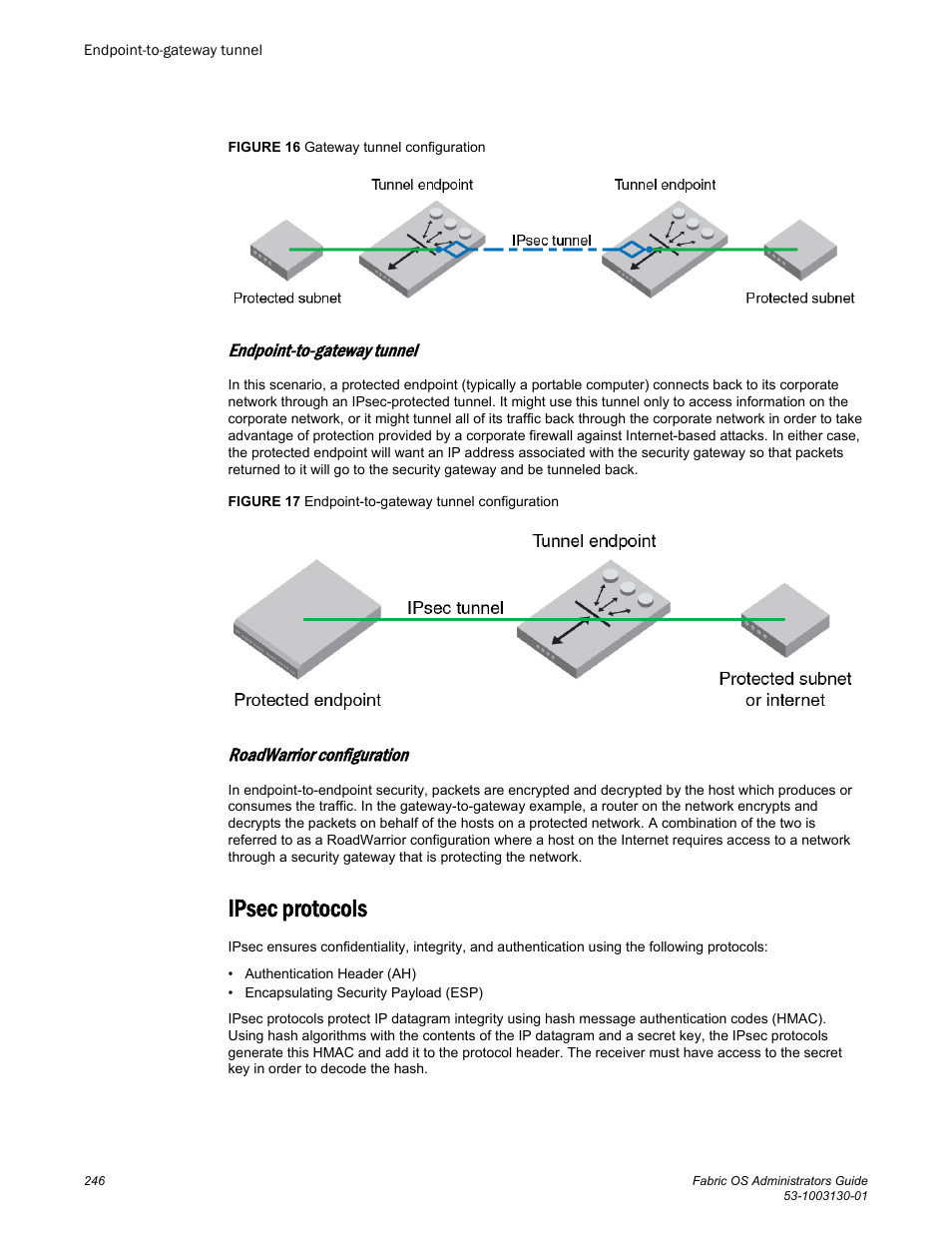 Endpoint-to-gateway tunnel, Roadwarrior configuration, Ipsec protocols | Brocade Fabric OS Administrators Guide (Supporting Fabric OS v7.3.0) User Manual | Page 246 / 622