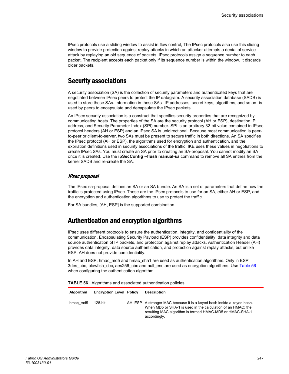 Security associations, Ipsec proposal, Authentication and encryption algorithms | Brocade Fabric OS Administrators Guide (Supporting Fabric OS v7.3.0) User Manual | Page 247 / 622