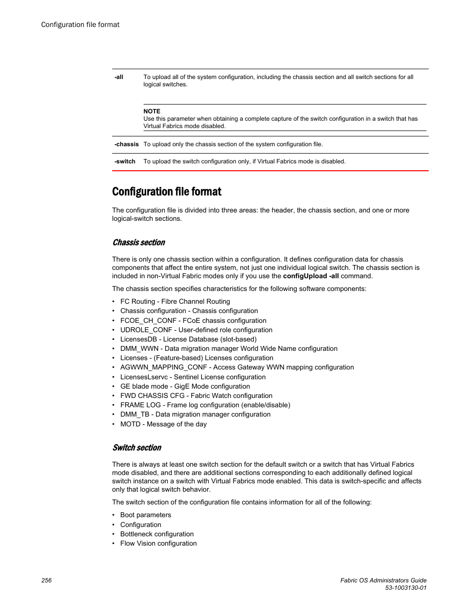 Configuration file format, Chassis section, Switch section | Brocade Fabric OS Administrators Guide (Supporting Fabric OS v7.3.0) User Manual | Page 256 / 622