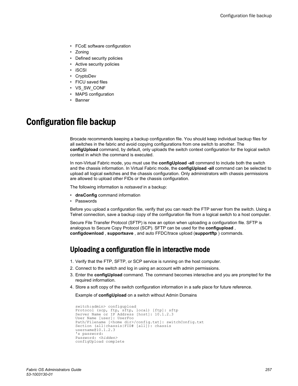 Configuration file backup, Uploading a configuration file in interactive mode | Brocade Fabric OS Administrators Guide (Supporting Fabric OS v7.3.0) User Manual | Page 257 / 622