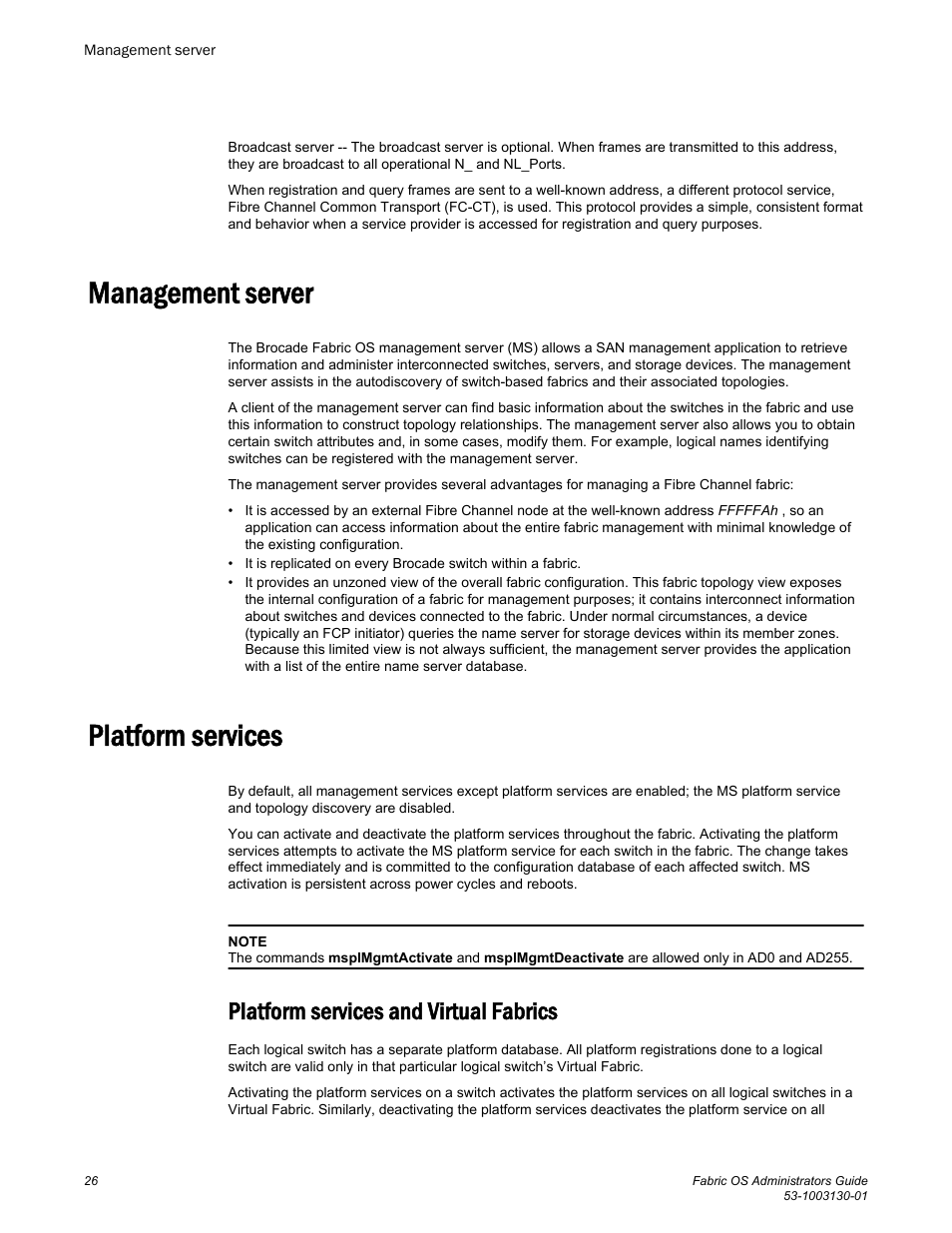 Management server, Platform services, Platform services and virtual fabrics | Management server platform services | Brocade Fabric OS Administrators Guide (Supporting Fabric OS v7.3.0) User Manual | Page 26 / 622