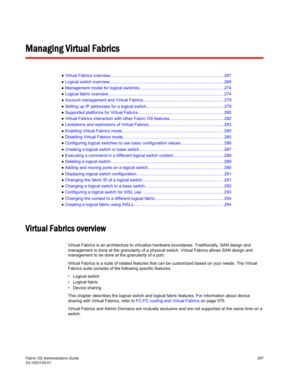 Managing virtual fabrics, Virtual fabrics overview, Refer to | Managing virtual, Fabrics | Brocade Fabric OS Administrators Guide (Supporting Fabric OS v7.3.0) User Manual | Page 267 / 622