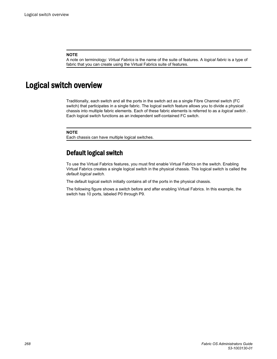 Logical switch overview, Default logical switch | Brocade Fabric OS Administrators Guide (Supporting Fabric OS v7.3.0) User Manual | Page 268 / 622