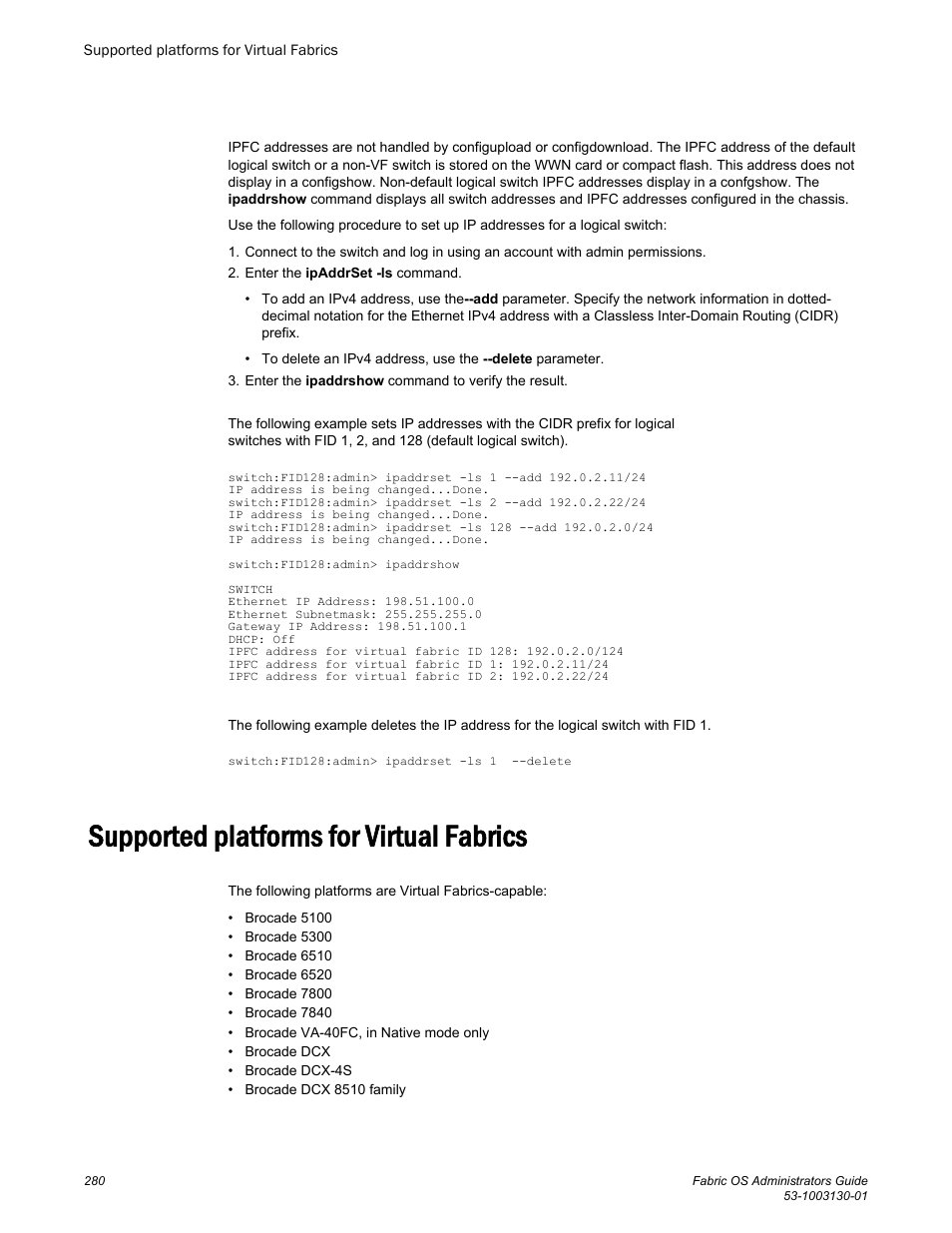 Supported platforms for virtual fabrics, Supported platforms for, Virtual fabrics | Brocade Fabric OS Administrators Guide (Supporting Fabric OS v7.3.0) User Manual | Page 280 / 622