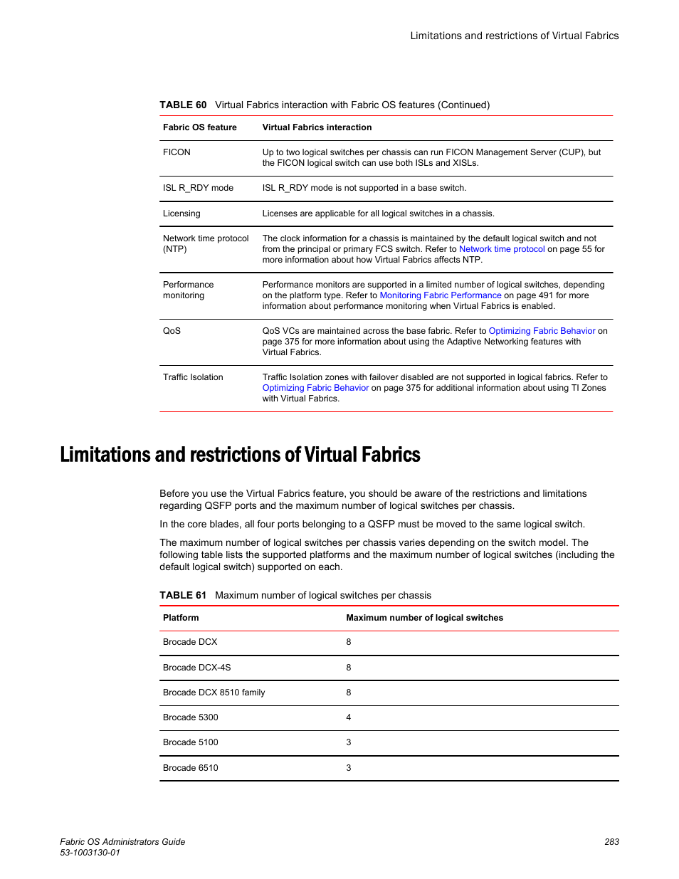 Limitations and restrictions of virtual fabrics | Brocade Fabric OS Administrators Guide (Supporting Fabric OS v7.3.0) User Manual | Page 283 / 622
