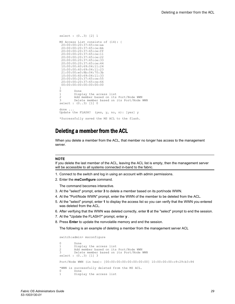 Deleting a member from the acl | Brocade Fabric OS Administrators Guide (Supporting Fabric OS v7.3.0) User Manual | Page 29 / 622