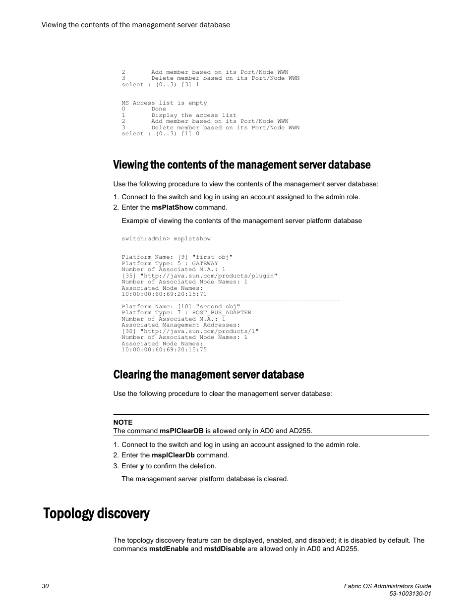 Clearing the management server database, Topology discovery | Brocade Fabric OS Administrators Guide (Supporting Fabric OS v7.3.0) User Manual | Page 30 / 622