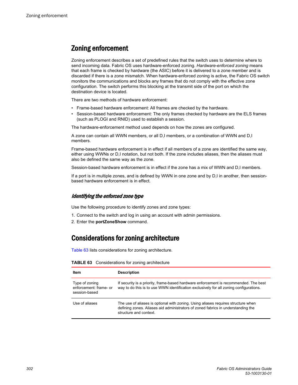 Zoning enforcement, Identifying the enforced zone type, Considerations for zoning architecture | Brocade Fabric OS Administrators Guide (Supporting Fabric OS v7.3.0) User Manual | Page 302 / 622