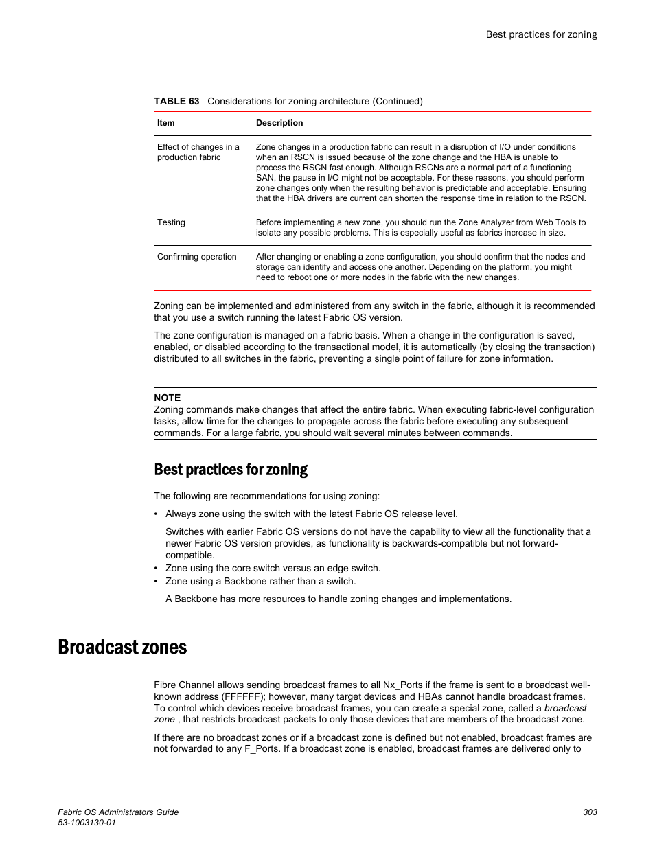 Best practices for zoning, Broadcast zones | Brocade Fabric OS Administrators Guide (Supporting Fabric OS v7.3.0) User Manual | Page 303 / 622