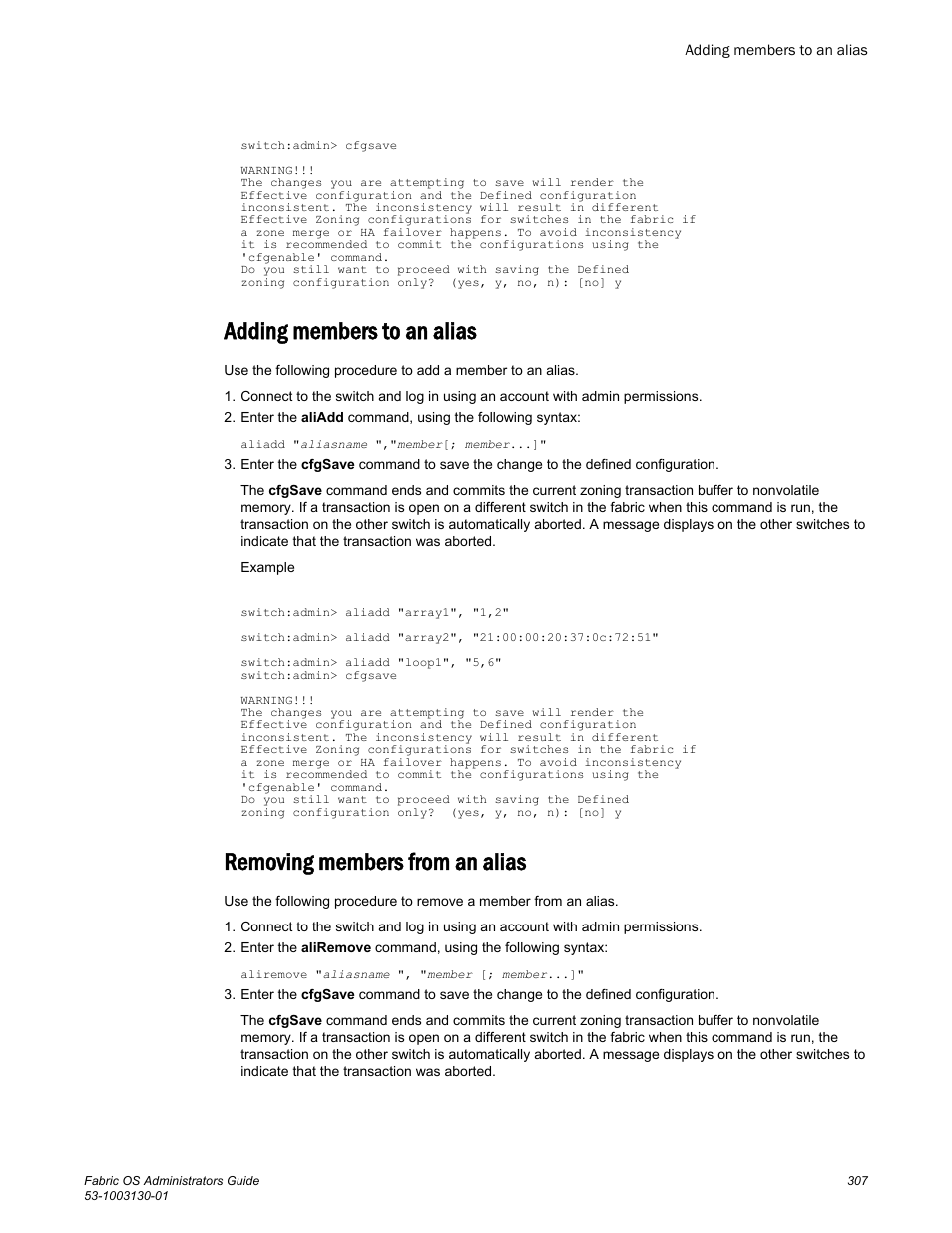 Adding members to an alias, Removing members from an alias | Brocade Fabric OS Administrators Guide (Supporting Fabric OS v7.3.0) User Manual | Page 307 / 622