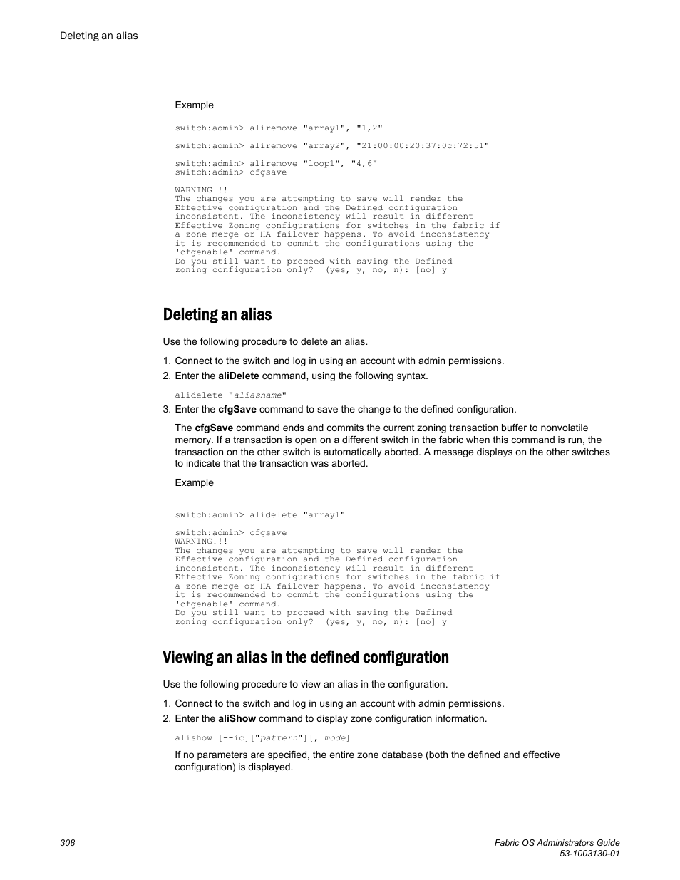 Deleting an alias, Viewing an alias in the defined configuration | Brocade Fabric OS Administrators Guide (Supporting Fabric OS v7.3.0) User Manual | Page 308 / 622