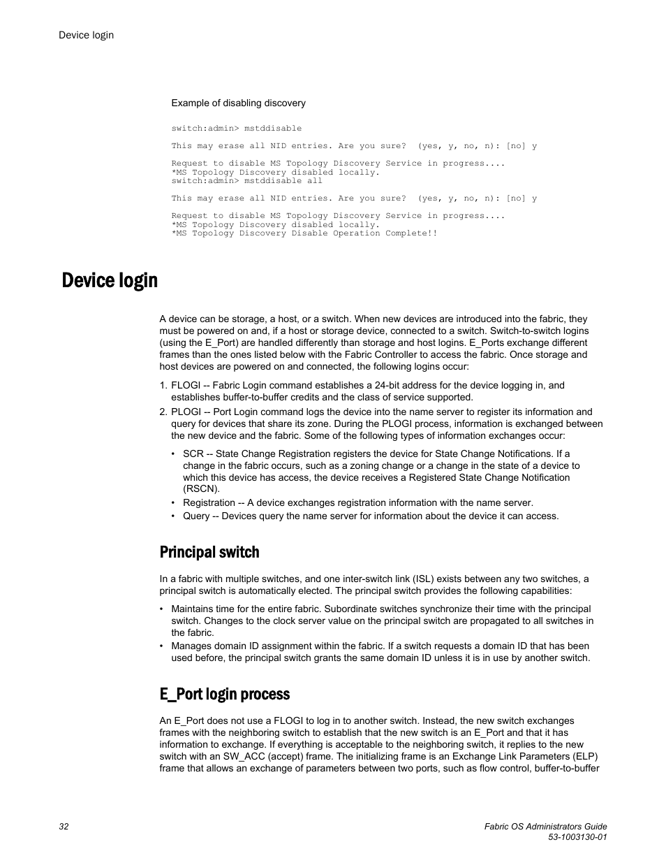 Device login, Principal switch, E_port login process | Principal switch e_port login process | Brocade Fabric OS Administrators Guide (Supporting Fabric OS v7.3.0) User Manual | Page 32 / 622