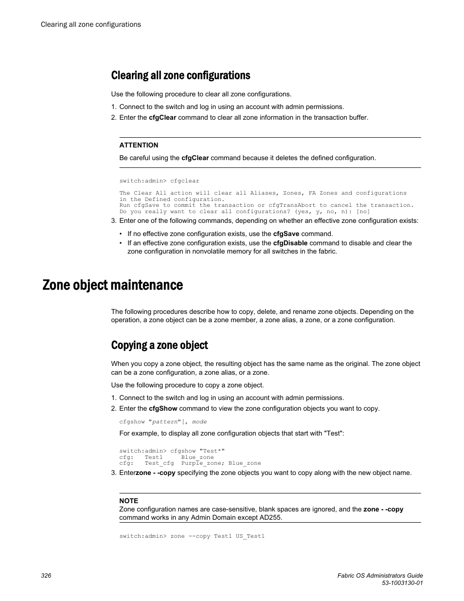 Clearing all zone configurations, Zone object maintenance, Copying a zone object | Brocade Fabric OS Administrators Guide (Supporting Fabric OS v7.3.0) User Manual | Page 326 / 622