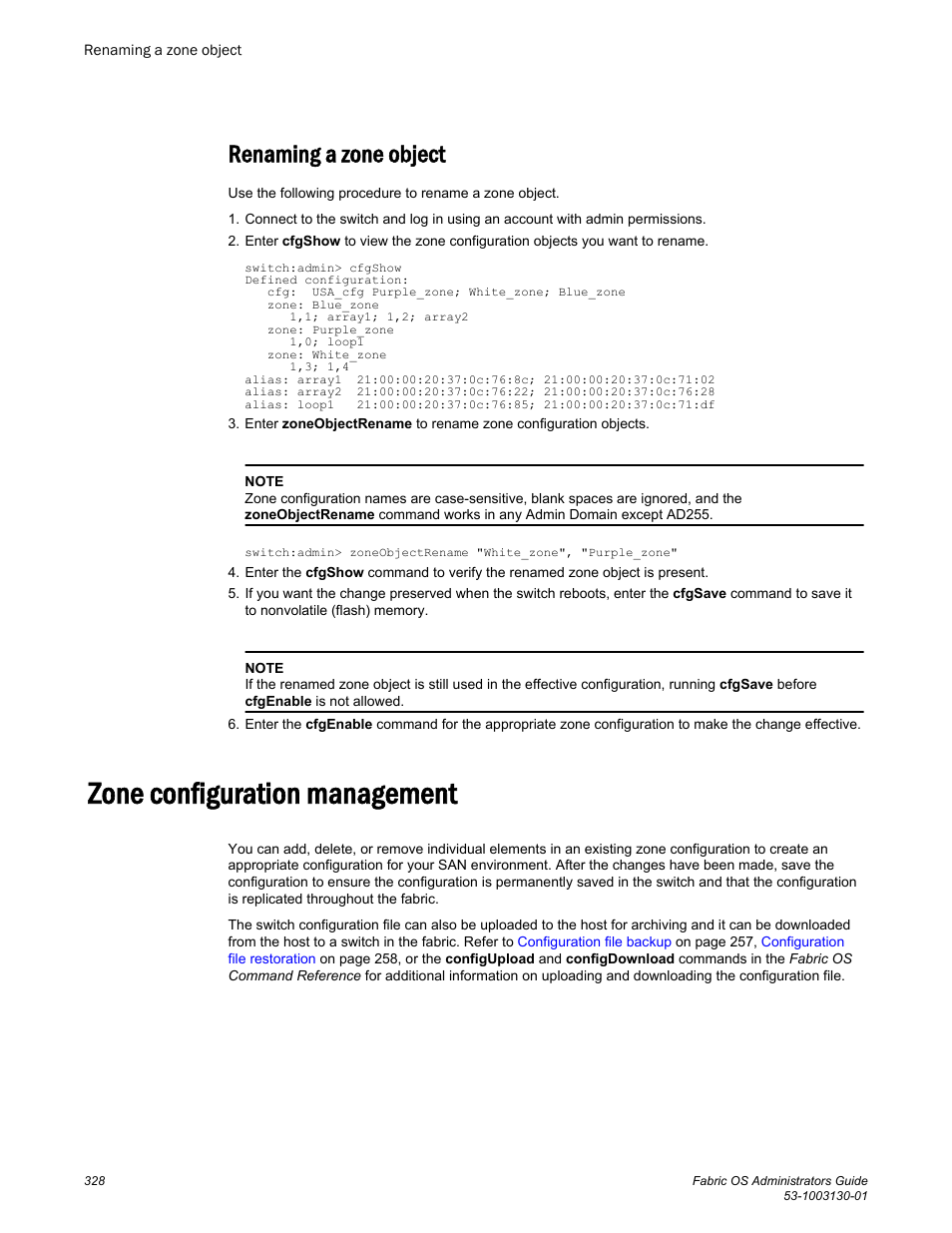 Renaming a zone object, Zone configuration management | Brocade Fabric OS Administrators Guide (Supporting Fabric OS v7.3.0) User Manual | Page 328 / 622