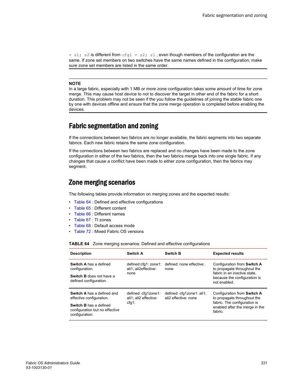 Fabric segmentation and zoning, Zone merging scenarios, Added zone merging scenarios tables to the section | Brocade Fabric OS Administrators Guide (Supporting Fabric OS v7.3.0) User Manual | Page 331 / 622