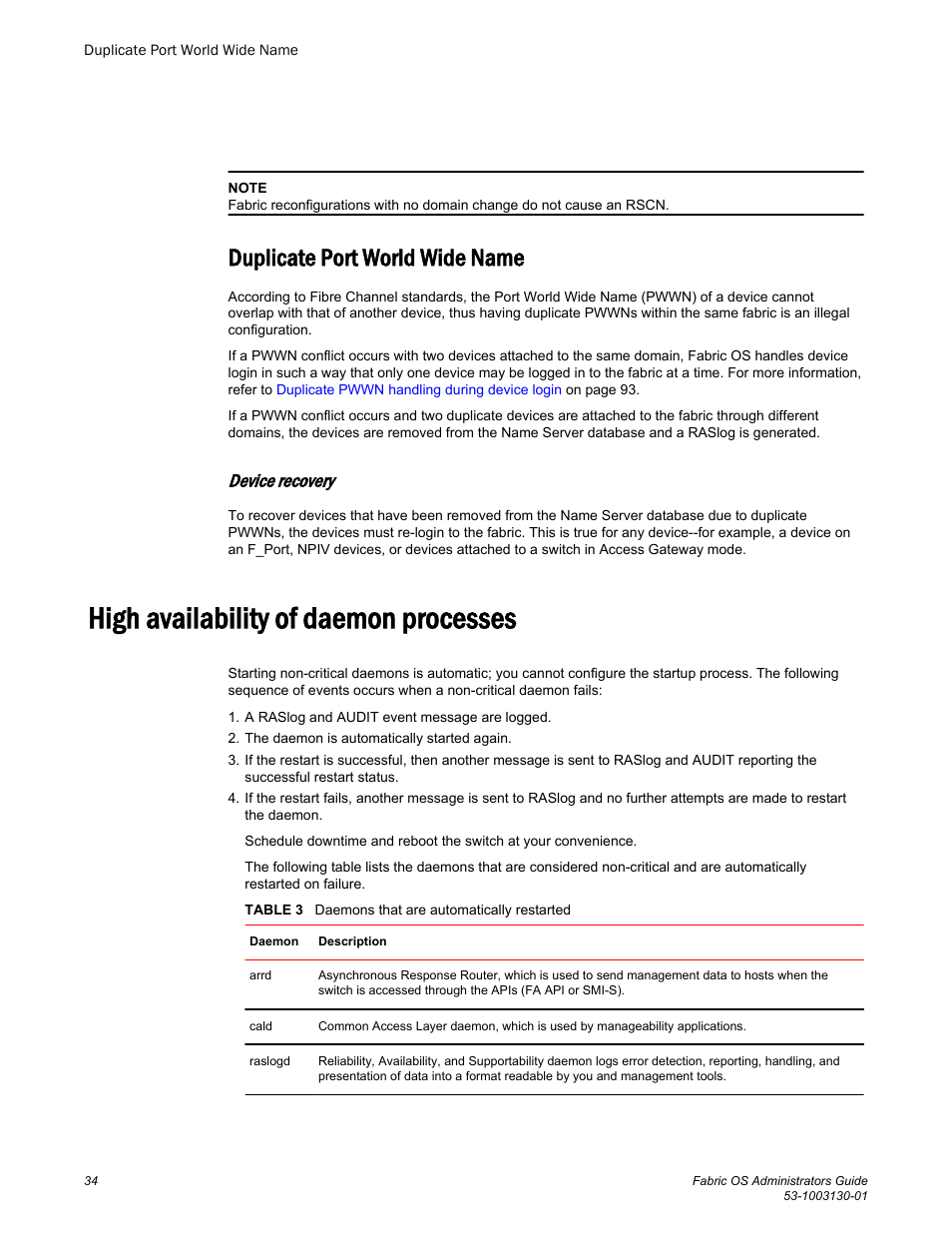 Duplicate port world wide name, Device recovery, High availability of daemon processes | Brocade Fabric OS Administrators Guide (Supporting Fabric OS v7.3.0) User Manual | Page 34 / 622