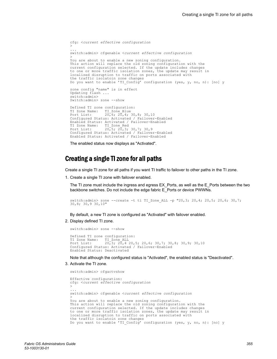 Creating a single ti zone for all paths | Brocade Fabric OS Administrators Guide (Supporting Fabric OS v7.3.0) User Manual | Page 355 / 622
