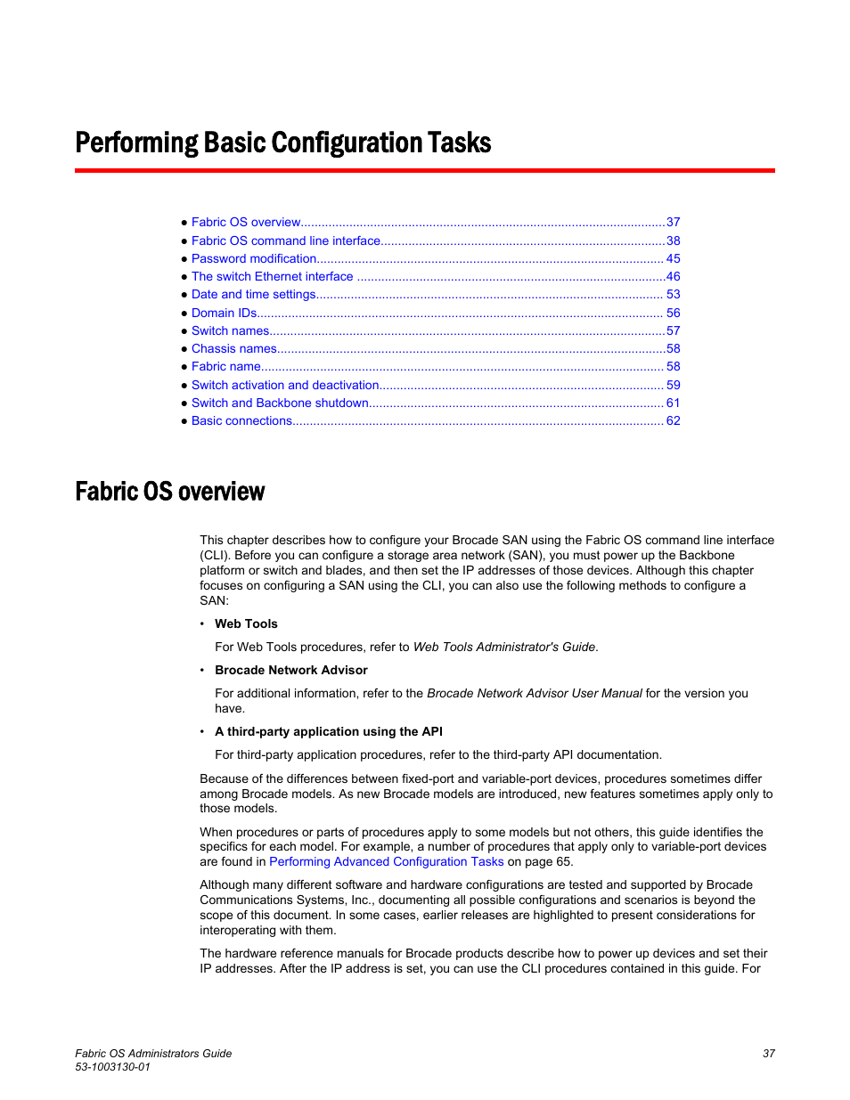 Performing basic configuration tasks, Fabric os overview | Brocade Fabric OS Administrators Guide (Supporting Fabric OS v7.3.0) User Manual | Page 37 / 622