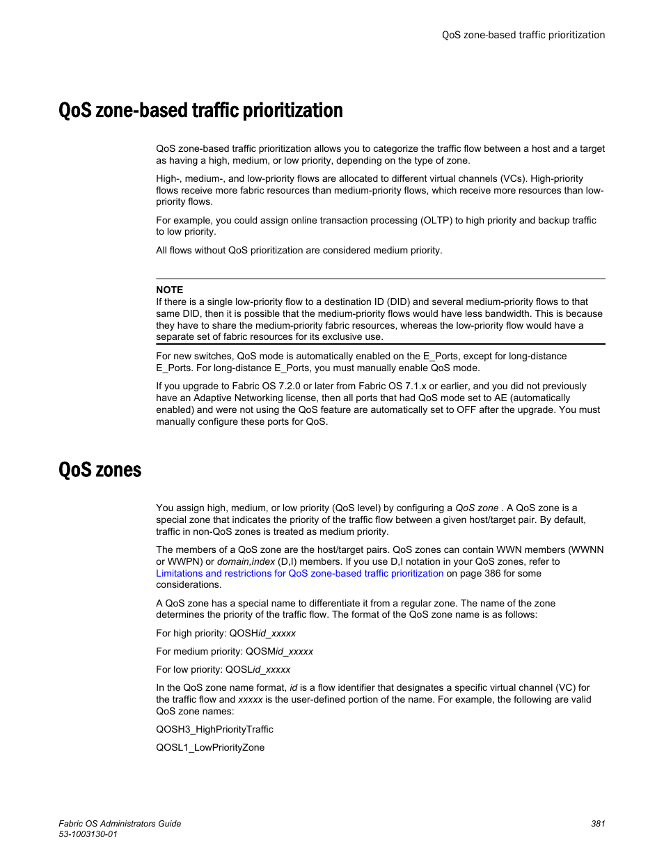Qos zone-based traffic prioritization, Qos zones, Qos zone-based traffic prioritization qos zones | Zone-based traffic prioritization | Brocade Fabric OS Administrators Guide (Supporting Fabric OS v7.3.0) User Manual | Page 381 / 622