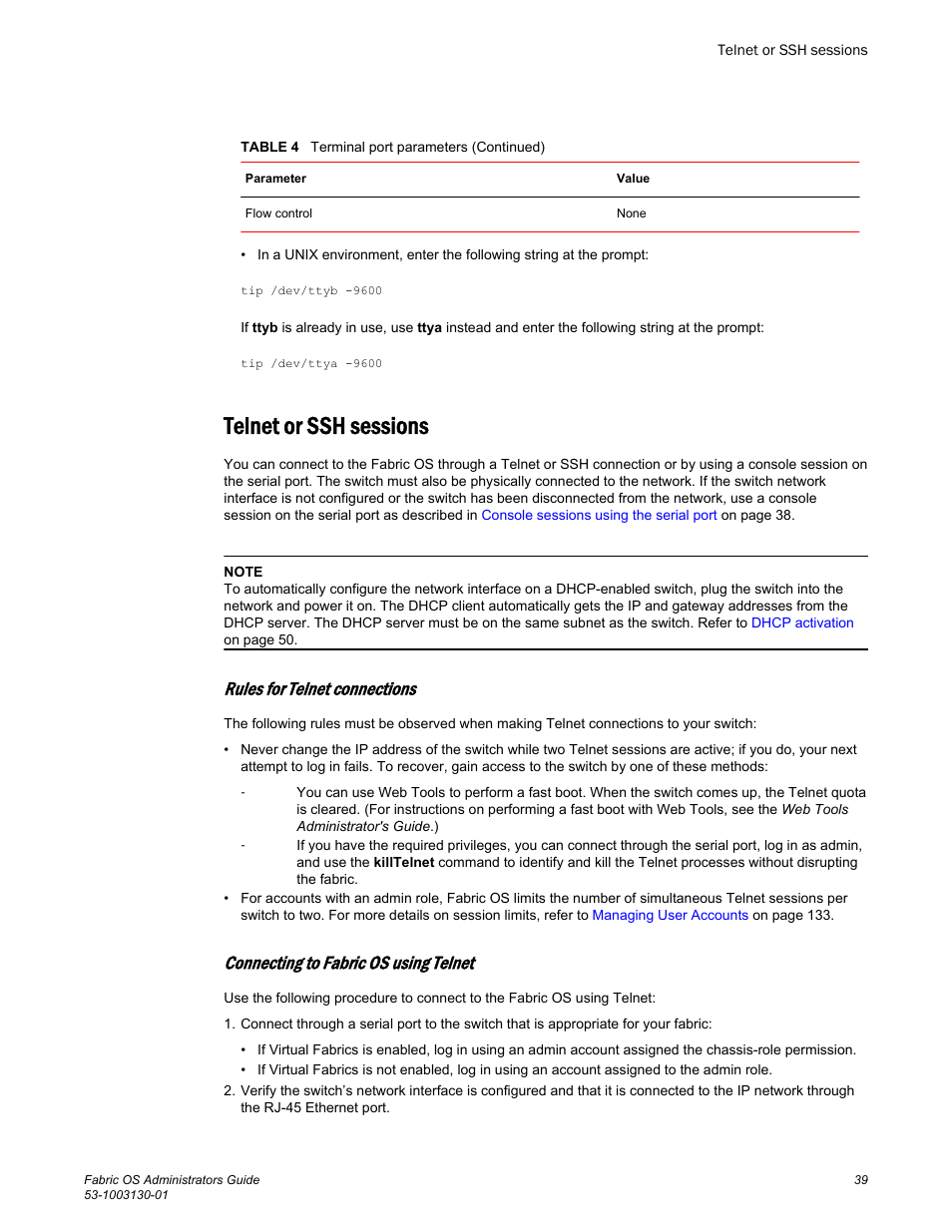 Telnet or ssh sessions, Rules for telnet connections, Connecting to fabric os using telnet | Brocade Fabric OS Administrators Guide (Supporting Fabric OS v7.3.0) User Manual | Page 39 / 622