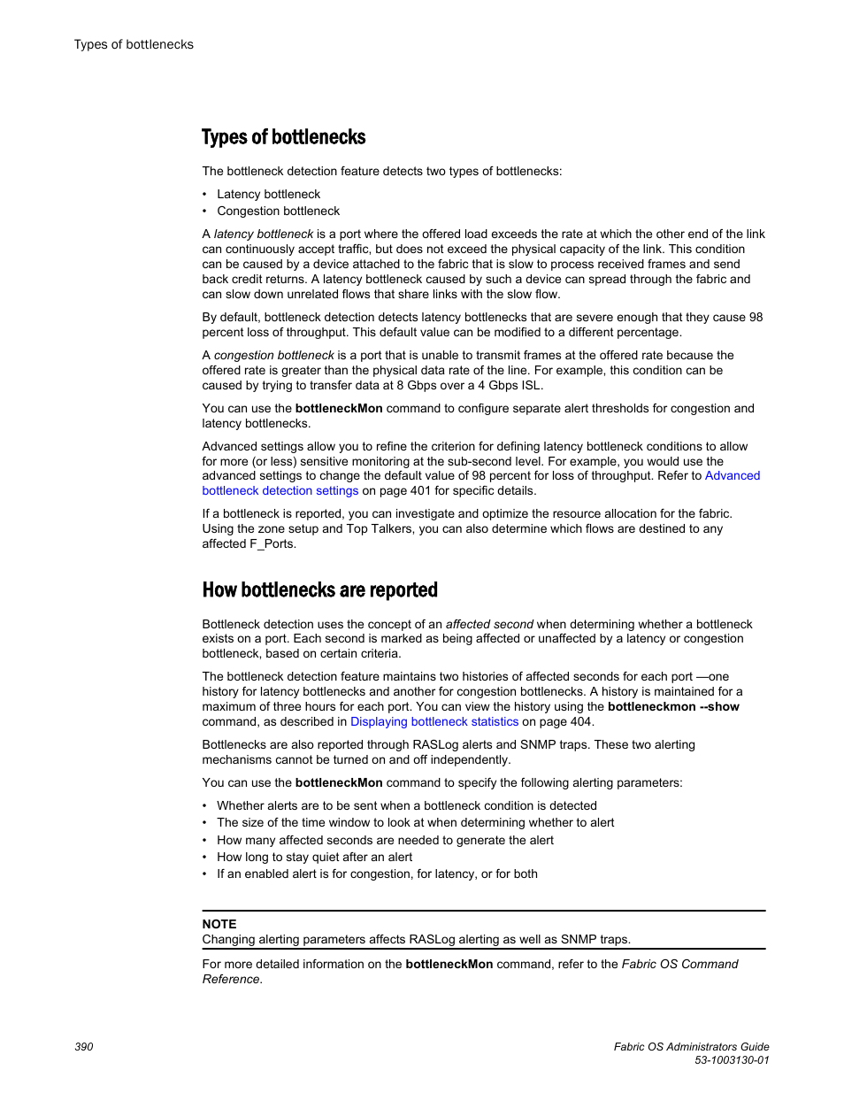 Types of bottlenecks, How bottlenecks are reported, Types of bottlenecks how bottlenecks are reported | Brocade Fabric OS Administrators Guide (Supporting Fabric OS v7.3.0) User Manual | Page 390 / 622