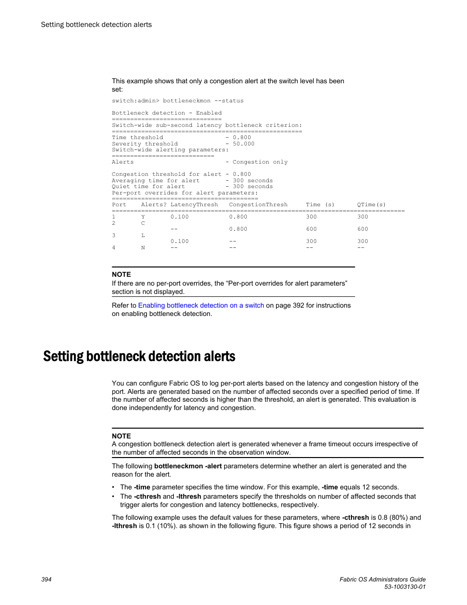 Setting bottleneck detection alerts | Brocade Fabric OS Administrators Guide (Supporting Fabric OS v7.3.0) User Manual | Page 394 / 622