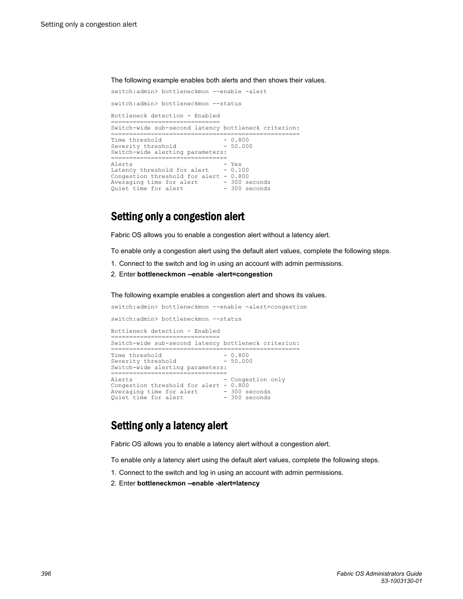 Setting only a congestion alert, Setting only a latency alert | Brocade Fabric OS Administrators Guide (Supporting Fabric OS v7.3.0) User Manual | Page 396 / 622