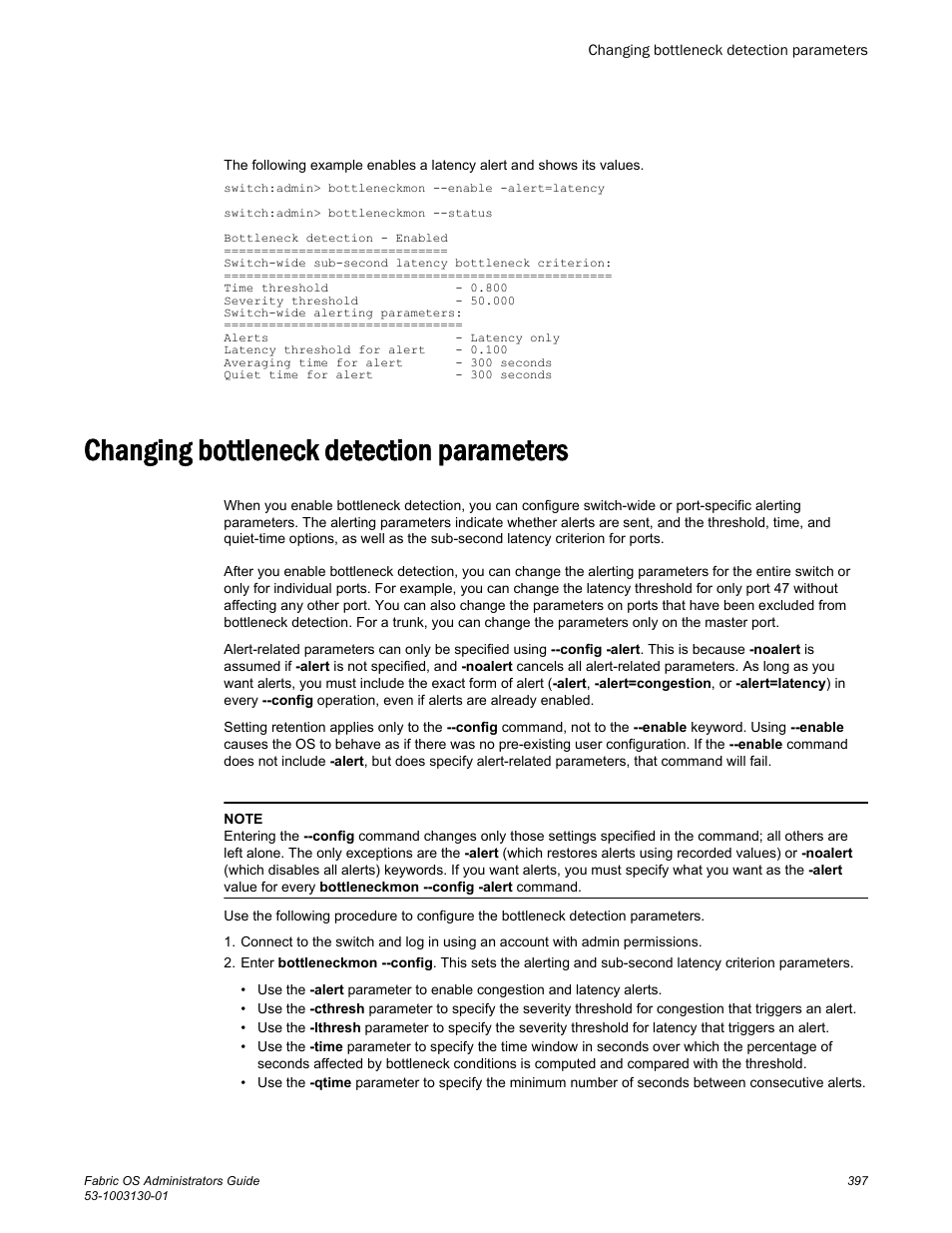 Changing bottleneck detection parameters, Changing bottleneck detection, Parameters | Basis, as described in | Brocade Fabric OS Administrators Guide (Supporting Fabric OS v7.3.0) User Manual | Page 397 / 622