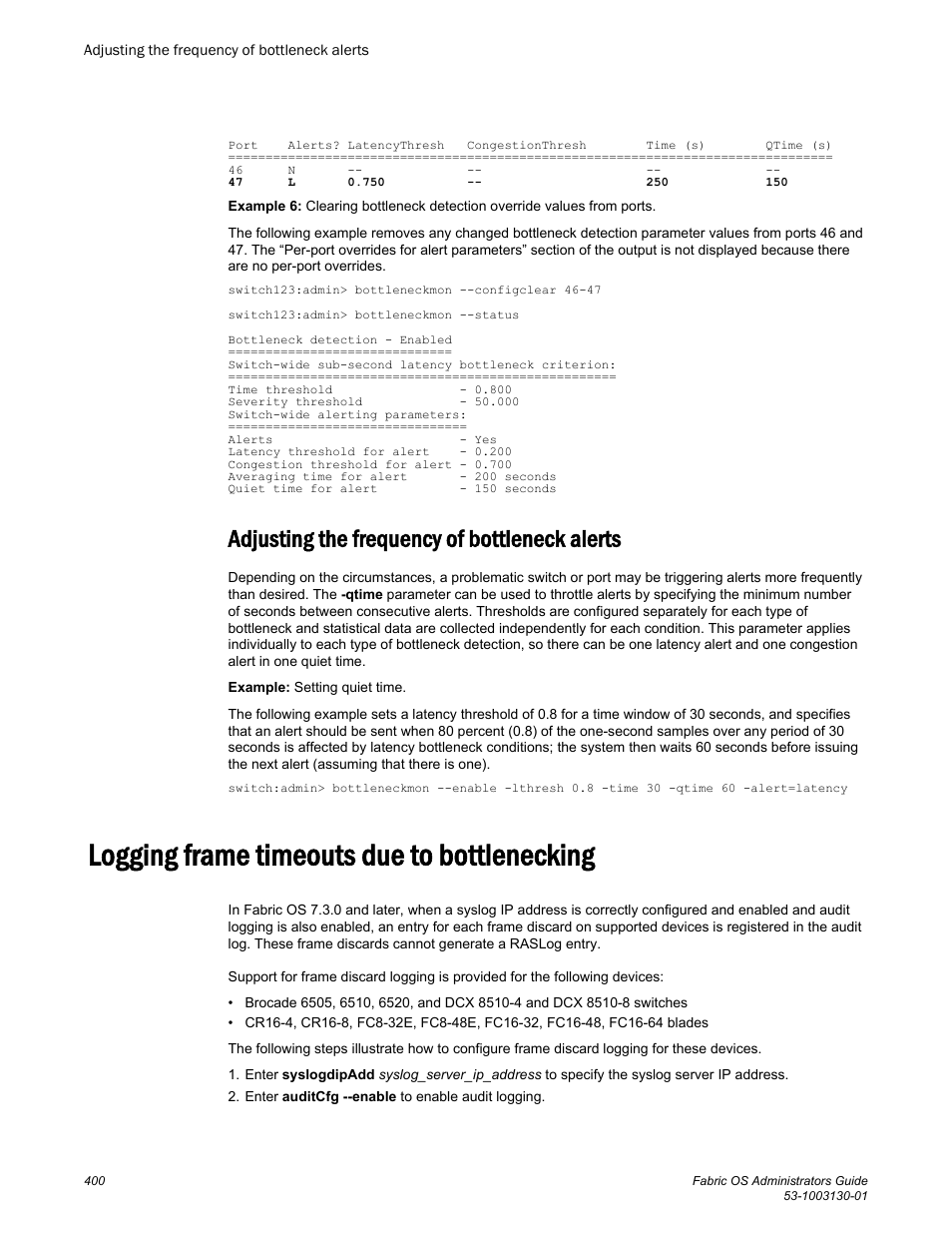 Adjusting the frequency of bottleneck alerts, Logging frame timeouts due to bottlenecking | Brocade Fabric OS Administrators Guide (Supporting Fabric OS v7.3.0) User Manual | Page 400 / 622