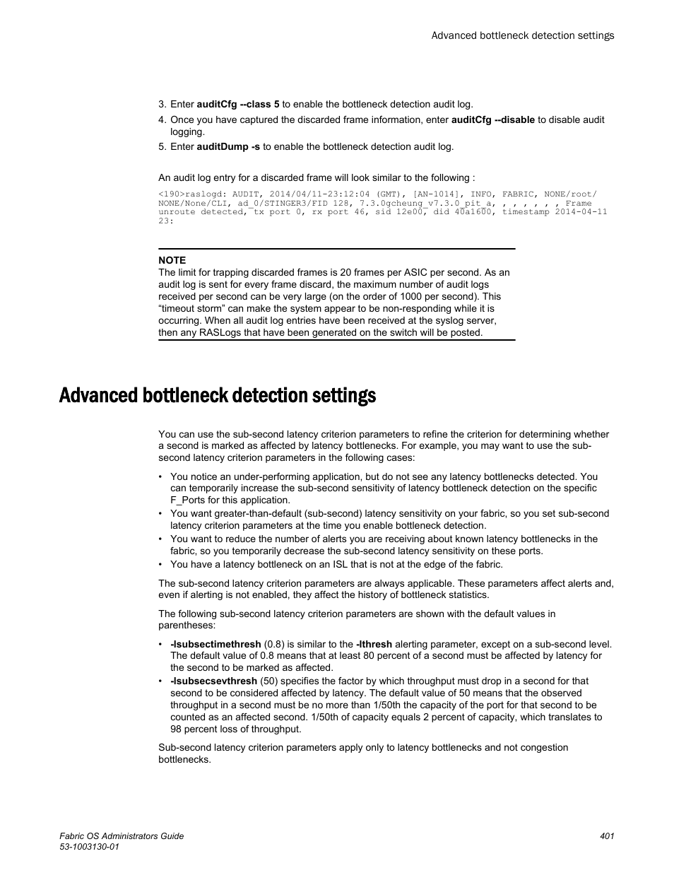 Advanced bottleneck detection settings, Advanced, Bottleneck detection settings | Brocade Fabric OS Administrators Guide (Supporting Fabric OS v7.3.0) User Manual | Page 401 / 622