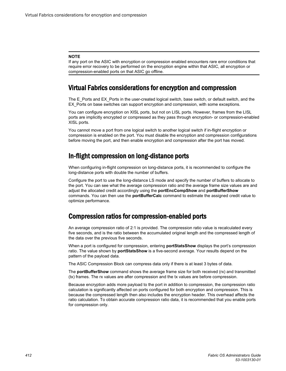 In-flight compression on long-distance ports, Compression ratios for compression-enabled ports | Brocade Fabric OS Administrators Guide (Supporting Fabric OS v7.3.0) User Manual | Page 412 / 622