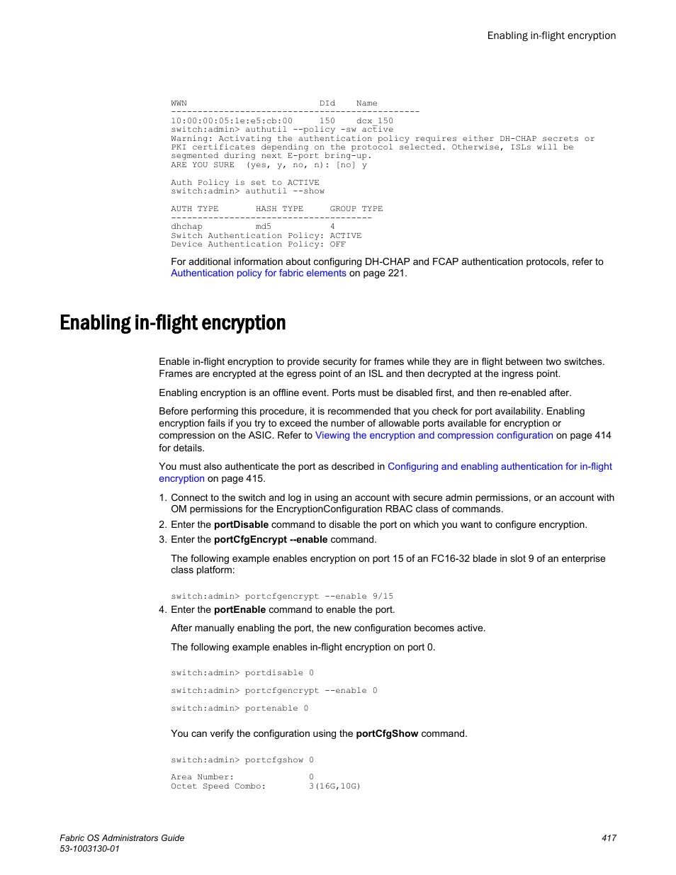 Enabling in-flight encryption, Refer to | Brocade Fabric OS Administrators Guide (Supporting Fabric OS v7.3.0) User Manual | Page 417 / 622
