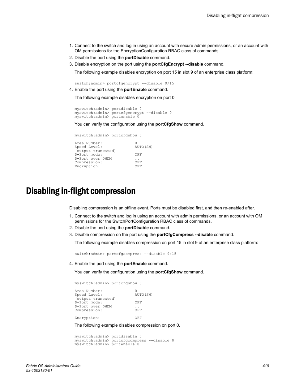 Disabling in-flight compression | Brocade Fabric OS Administrators Guide (Supporting Fabric OS v7.3.0) User Manual | Page 419 / 622