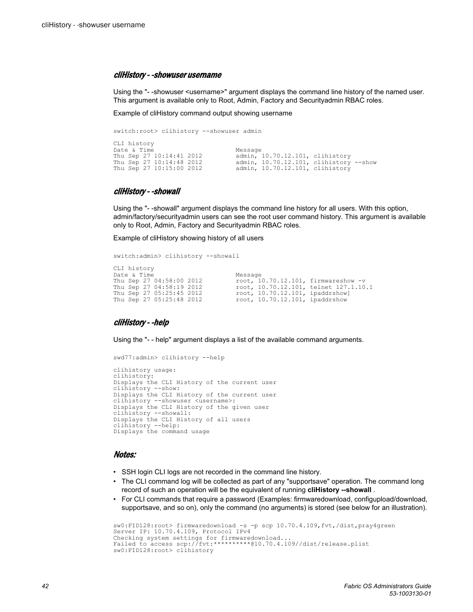 Clihistory - -showuser username, Clihistory - -showall, Clihistory - -help | Notes | Brocade Fabric OS Administrators Guide (Supporting Fabric OS v7.3.0) User Manual | Page 42 / 622