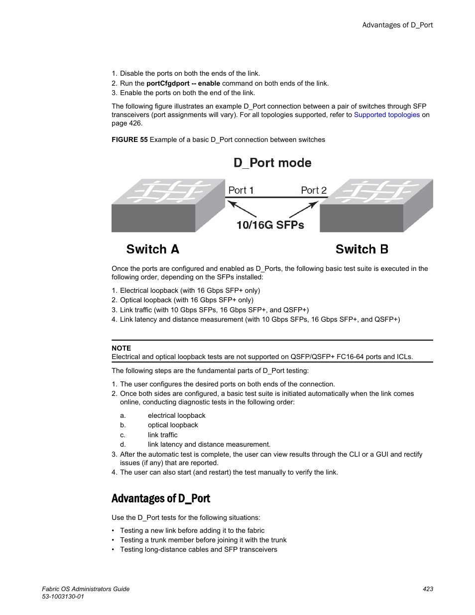 Advantages of d_port | Brocade Fabric OS Administrators Guide (Supporting Fabric OS v7.3.0) User Manual | Page 423 / 622