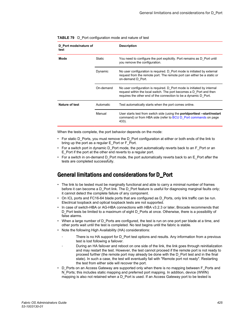 General limitations and considerations for d_port | Brocade Fabric OS Administrators Guide (Supporting Fabric OS v7.3.0) User Manual | Page 425 / 622