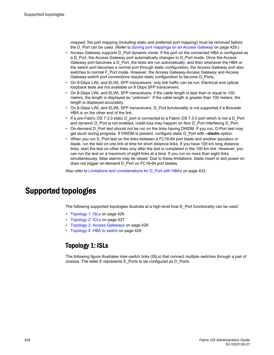 Supported topologies, Topology 1: isls | Brocade Fabric OS Administrators Guide (Supporting Fabric OS v7.3.0) User Manual | Page 426 / 622