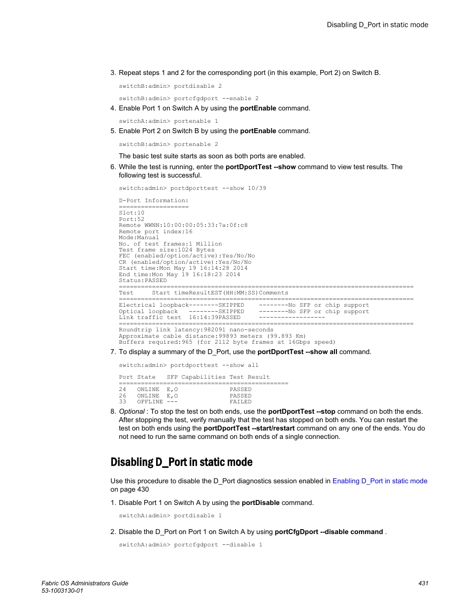 Disabling d_port in static mode | Brocade Fabric OS Administrators Guide (Supporting Fabric OS v7.3.0) User Manual | Page 431 / 622