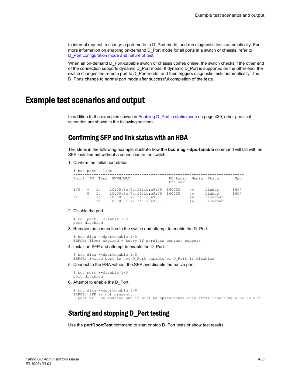 Example test scenarios and output, Confirming sfp and link status with an hba, Starting and stopping d_port testing | Brocade Fabric OS Administrators Guide (Supporting Fabric OS v7.3.0) User Manual | Page 435 / 622